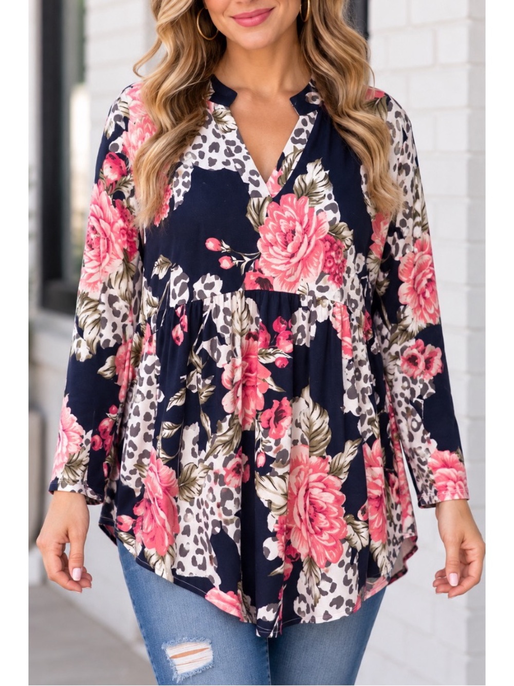 Honeyme floral & leopard print tunic top with a stylish navy background- XL